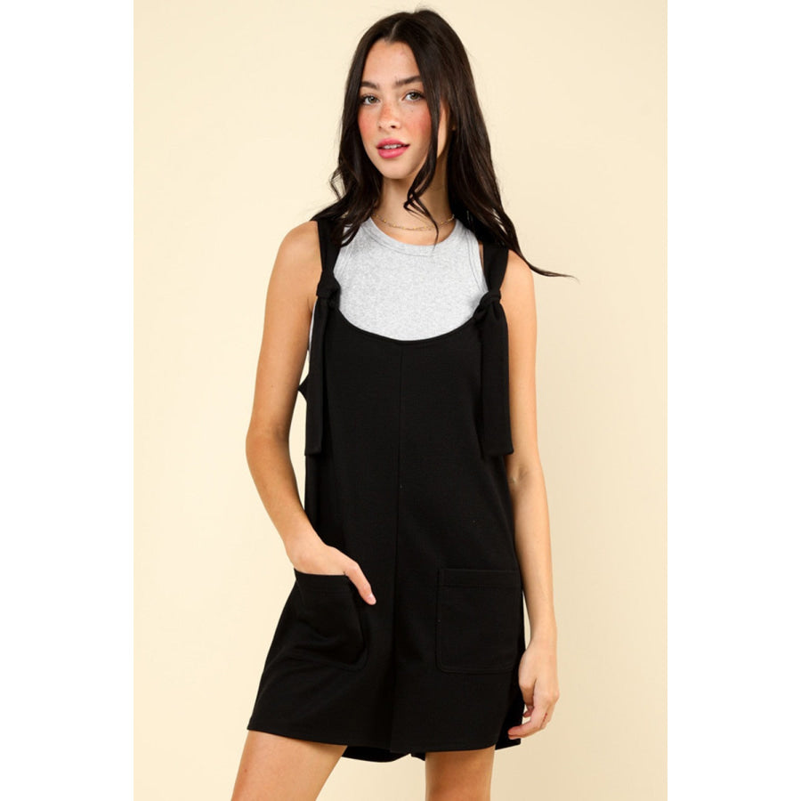 VERY J Tie Shoulder Front Pocket Romper Black / S Apparel and Accessories