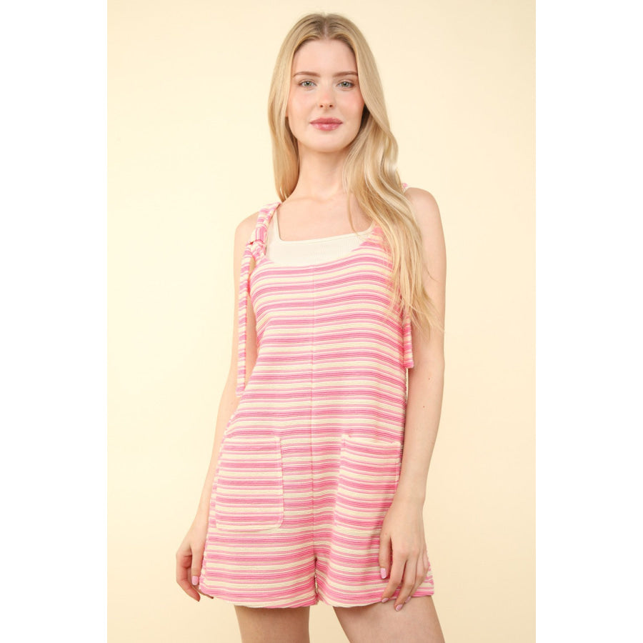 VERY J Tie Shoulder Front Pocket Striped Contrast Romper Pink Stripe / S Apparel and Accessories