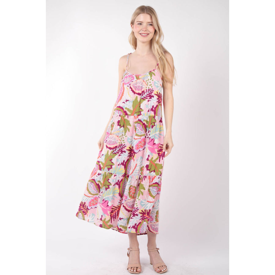 VERY J Tropical Printed Cami Midi Dress Pink Mix / S Apparel and Accessories