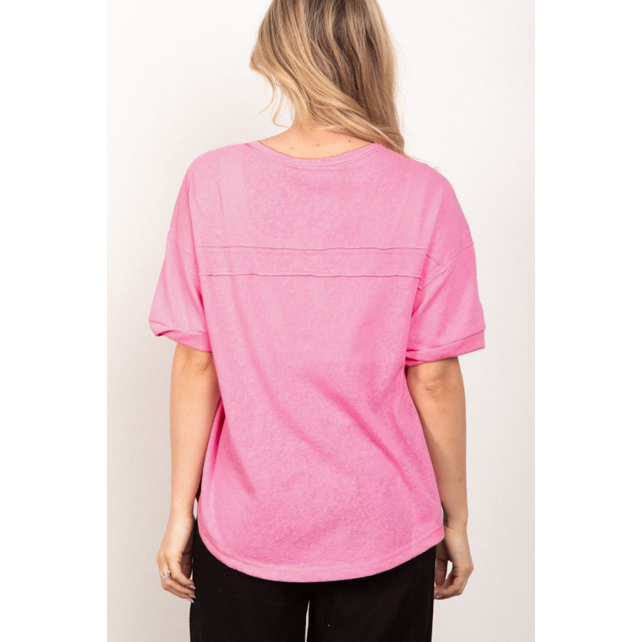 VERY J Twisted Sleeve Band Half Button Top Pink / S Apparel and Accessories