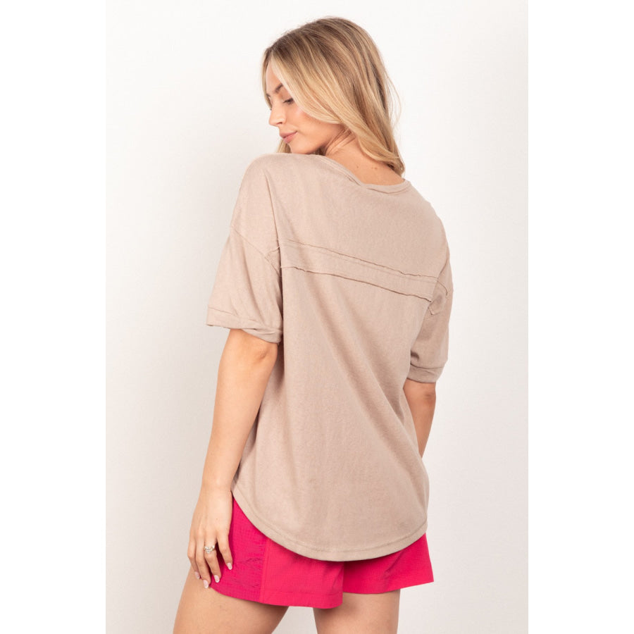 VERY J Twisted Sleeve Band Half Button Top Taupe / S Apparel and Accessories