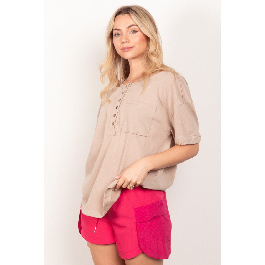 VERY J Twisted Sleeve Band Half Button Top Apparel and Accessories