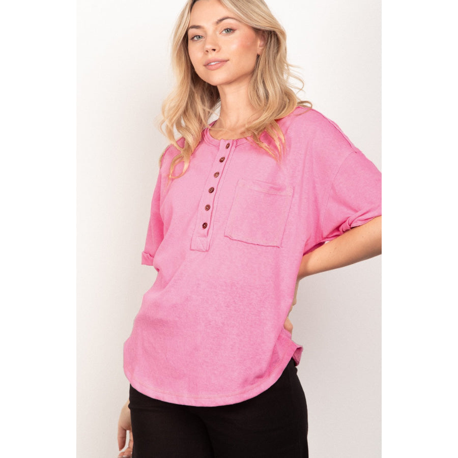 VERY J Twisted Sleeve Band Half Button Top Pink / S Apparel and Accessories