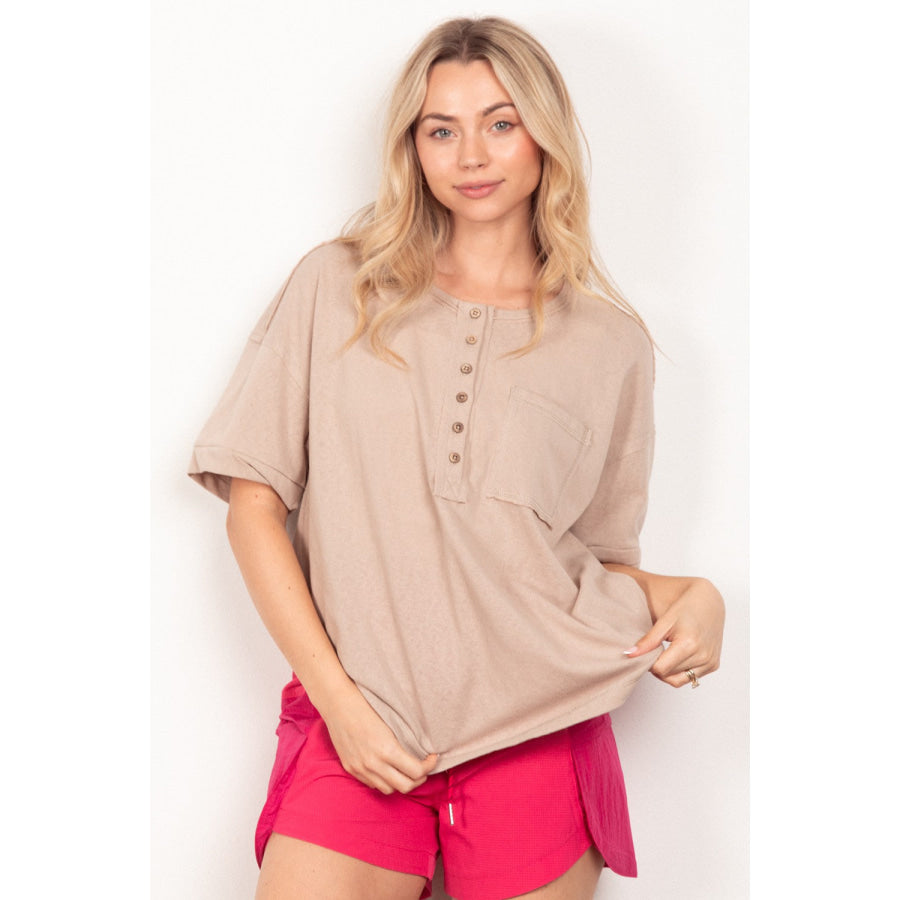 VERY J Twisted Sleeve Band Half Button Top Taupe / S Apparel and Accessories