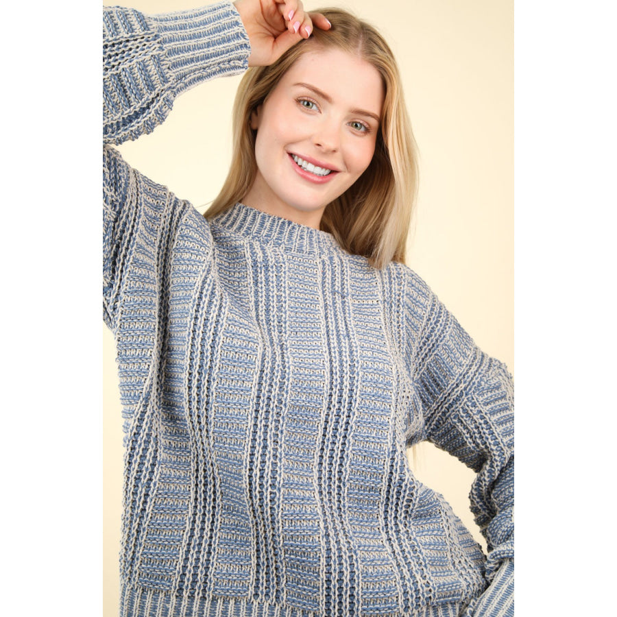 VERY J Two Tone Long Sleeve Sweater Denim Blue / S Apparel and Accessories