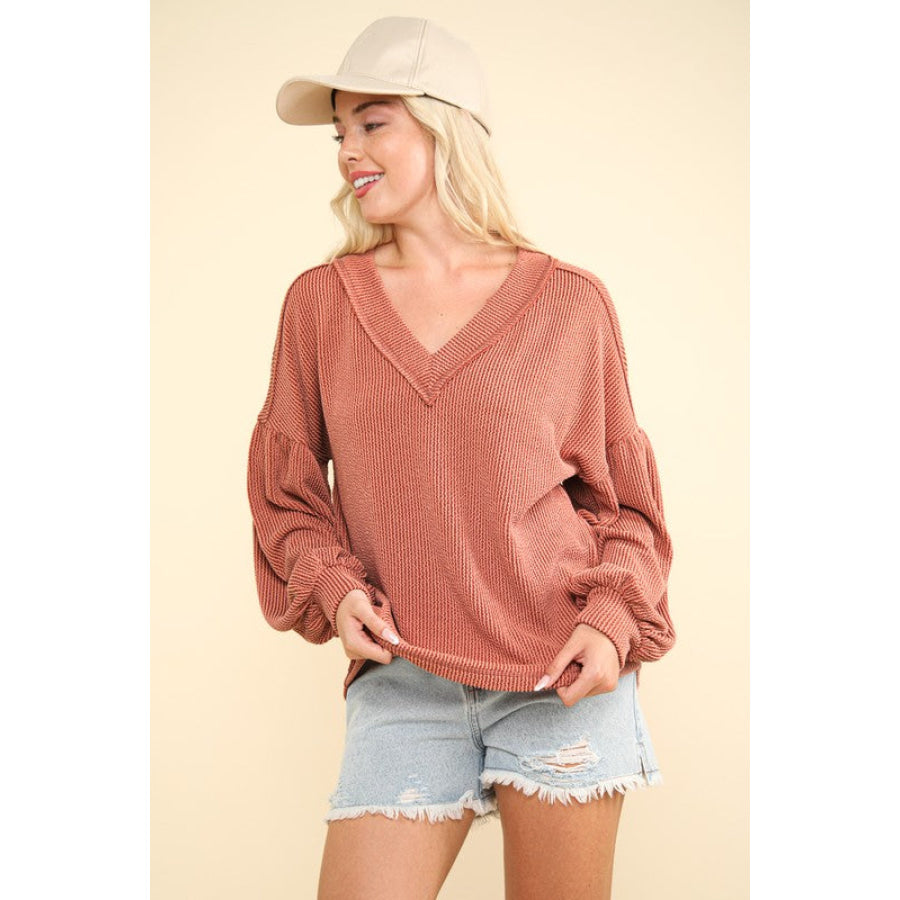 VERY J Two Tone Ribbed V-Neck Exposed Seam Top Cedar Wood / S Apparel and Accessories