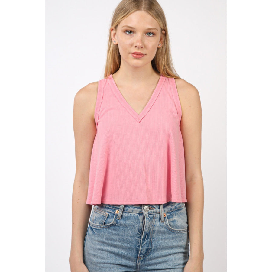 VERY J V-Neck Knit Swing Cropped Tank Pink / S Apparel and Accessories