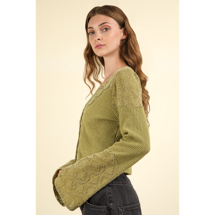 VERY J V-Neck Lace Detail Button Down Crop Ribbed Knit Top Apparel and Accessories