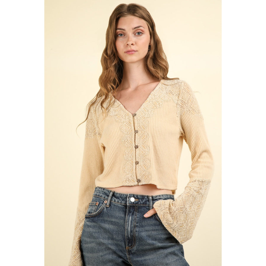 VERY J V-Neck Lace Detail Button Down Crop Ribbed Knit Top Apparel and Accessories