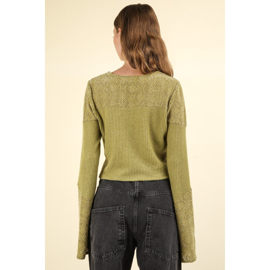 VERY J V-Neck Lace Detail Button Down Crop Ribbed Knit Top Olive / S Apparel and Accessories