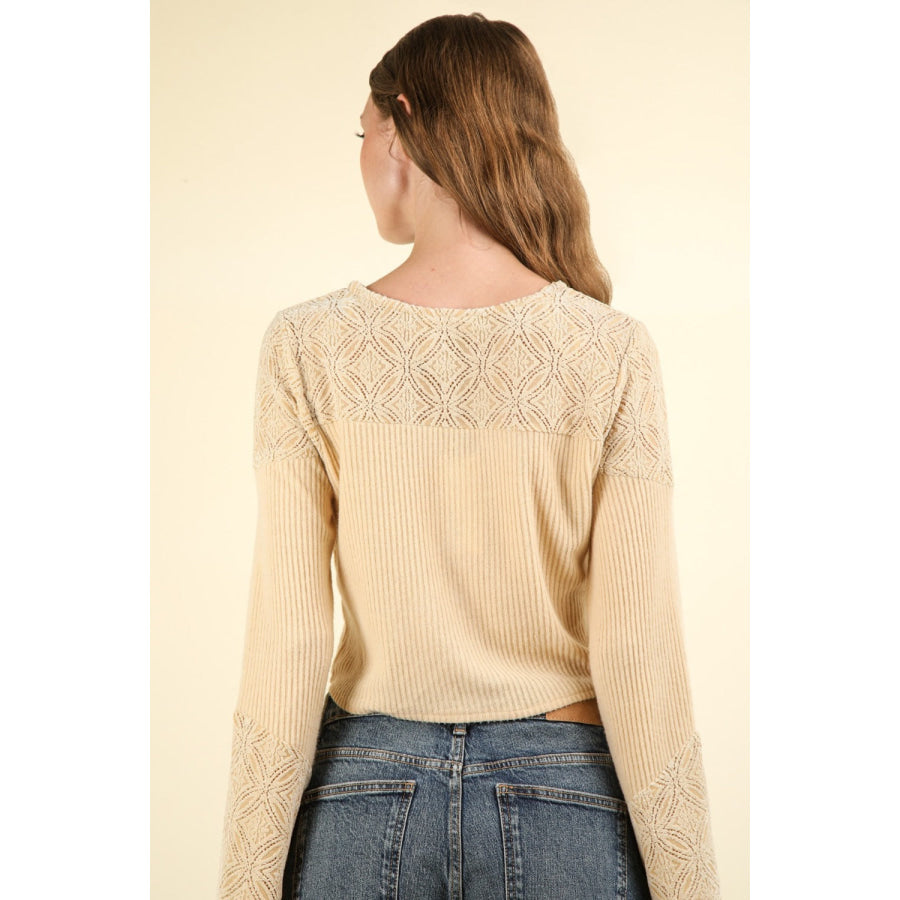 VERY J V-Neck Lace Detail Button Down Crop Ribbed Knit Top Apparel and Accessories