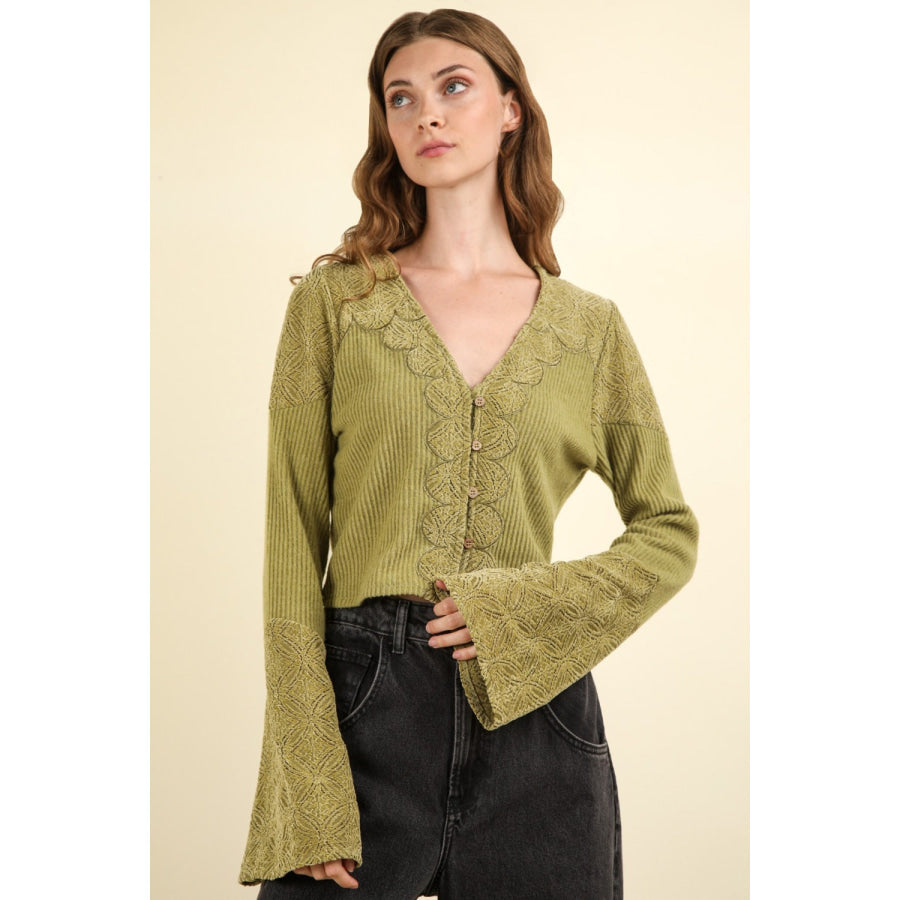 VERY J V-Neck Lace Detail Button Down Crop Ribbed Knit Top Apparel and Accessories