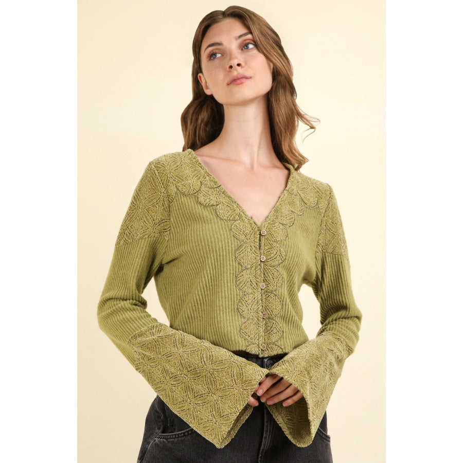 VERY J V-Neck Lace Detail Button Down Crop Ribbed Knit Top Apparel and Accessories