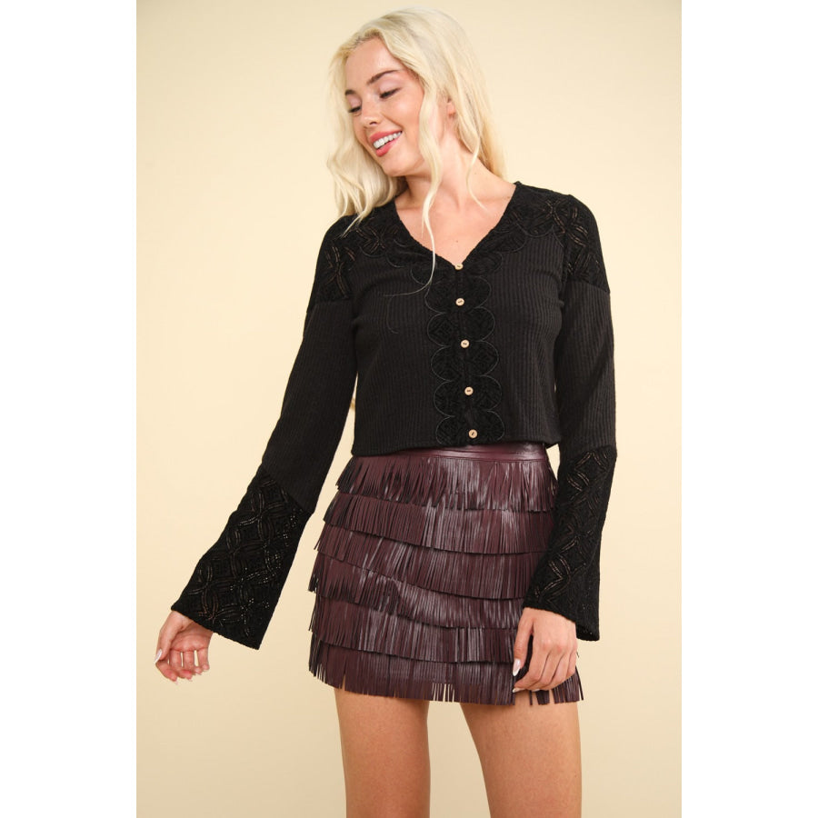 VERY J V-Neck Lace Detail Button Down Crop Ribbed Knit Top Black / S Apparel and Accessories