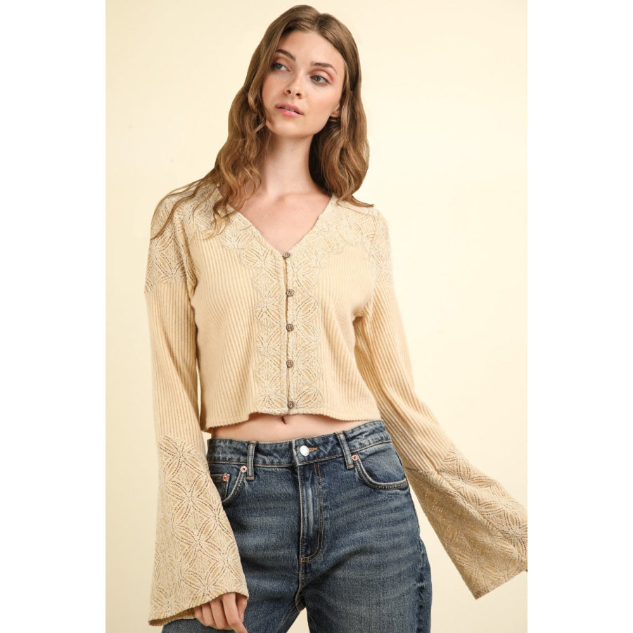 VERY J V-Neck Lace Detail Button Down Crop Ribbed Knit Top Natural / S Apparel and Accessories