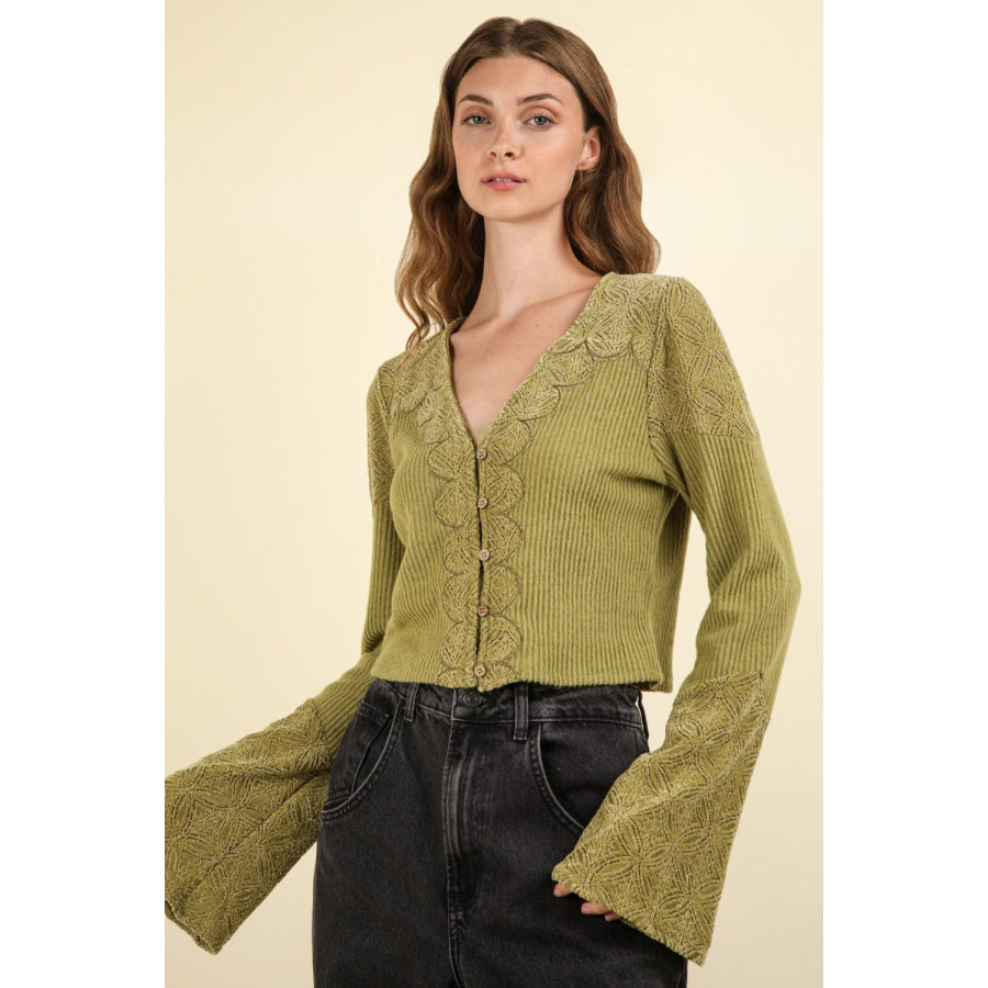 VERY J V-Neck Lace Detail Button Down Crop Ribbed Knit Top Olive / S Apparel and Accessories