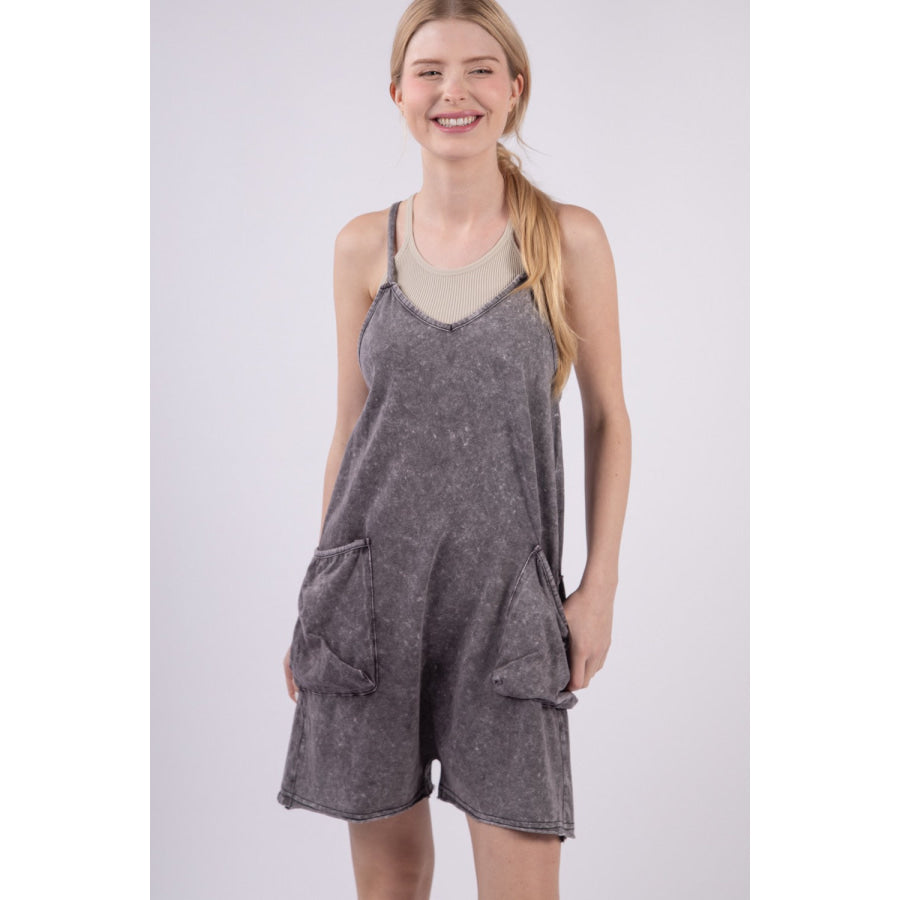 VERY J V - Neck Sleeveless Washed Romper Black / S Apparel and Accessories