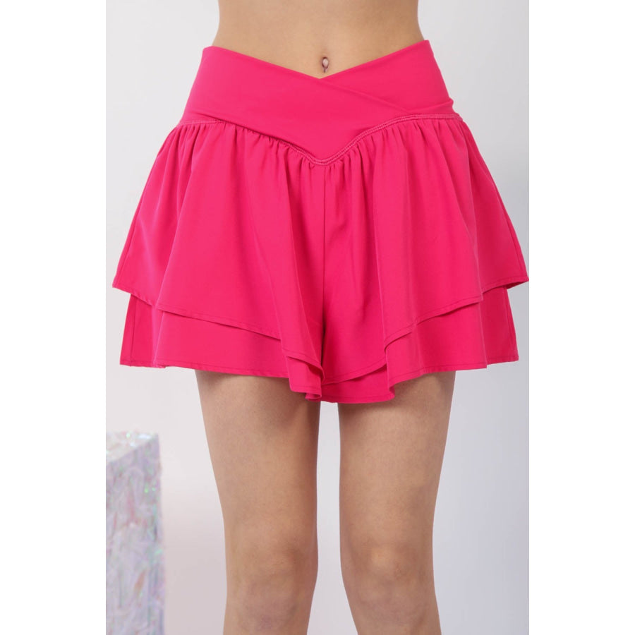 VERY J V-Shaped High Waist Layered Active Shorts Pink / S Apparel and Accessories