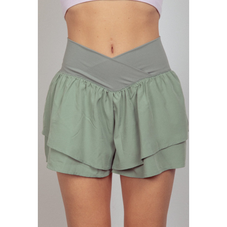 VERY J V-Shaped High Waist Layered Active Shorts Sage / S Apparel and Accessories