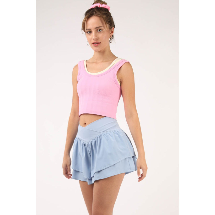 VERY J V-Shaped High Waist Layered Active Shorts Sky / S Apparel and Accessories