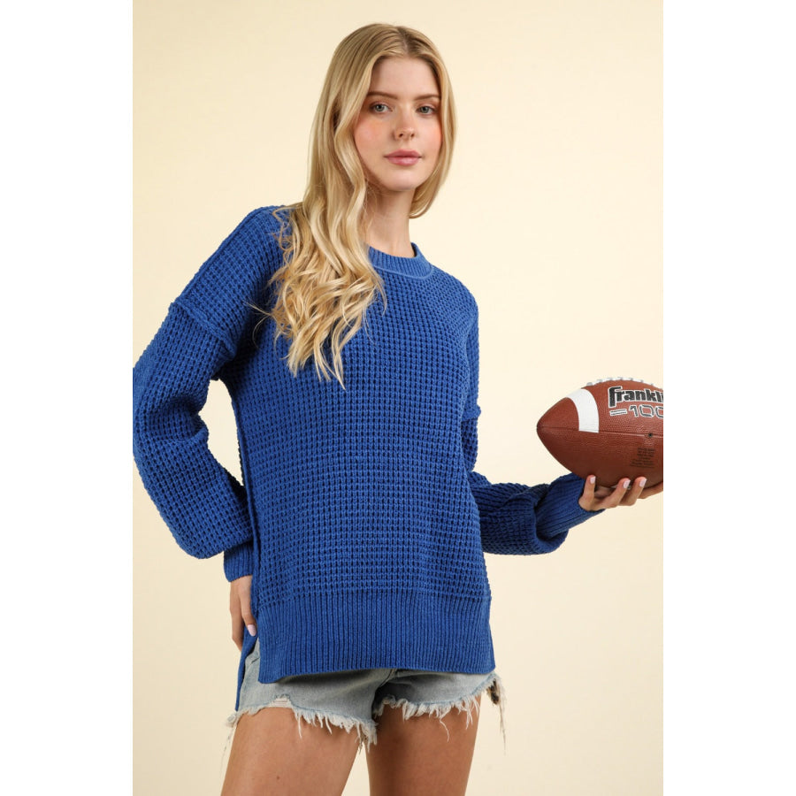 VERY J Waffle-Knit Exposed Seam Round Neck Sweater Apparel and Accessories