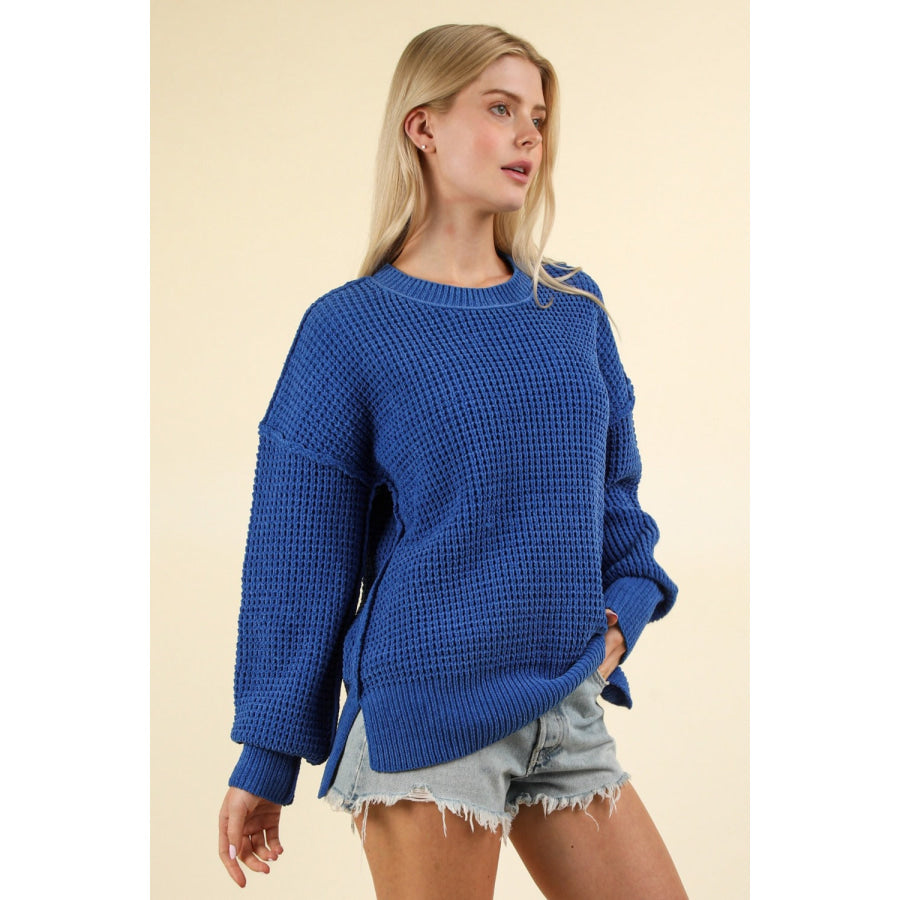 VERY J Waffle-Knit Exposed Seam Round Neck Sweater Apparel and Accessories