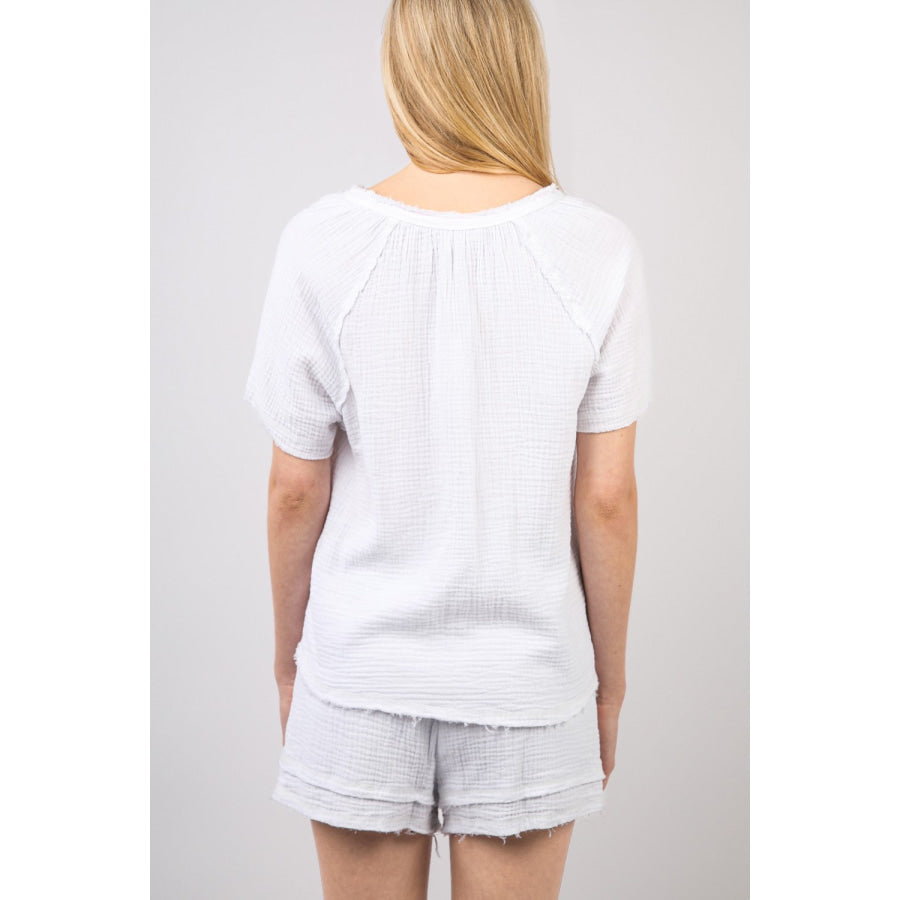 VERY J Washed Cotton Crinkle Gauze Top and Shorts Set White / S Apparel and Accessories