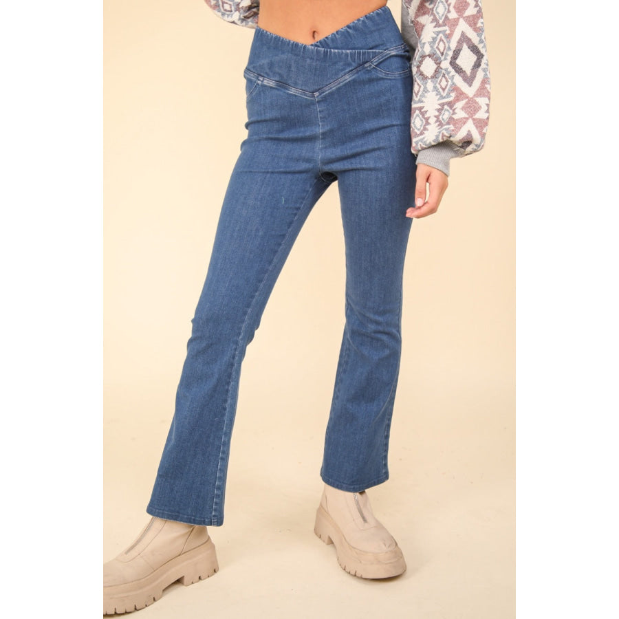 VERY J Washed Denim Stretchy Crossover Waist Leggings Apparel and Accessories