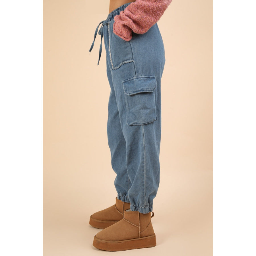 VERY J Washed Drawstring Jogger Cargo Jeans Apparel and Accessories