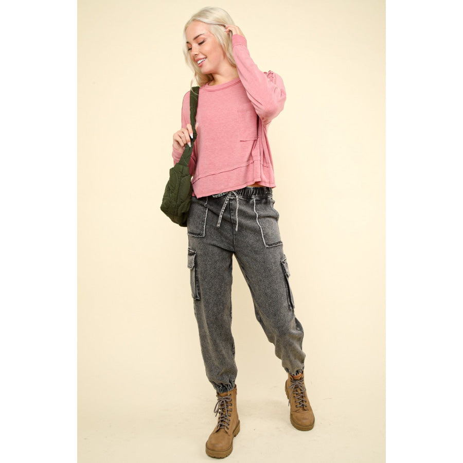 VERY J Washed Drawstring Jogger Cargo Jeans Apparel and Accessories