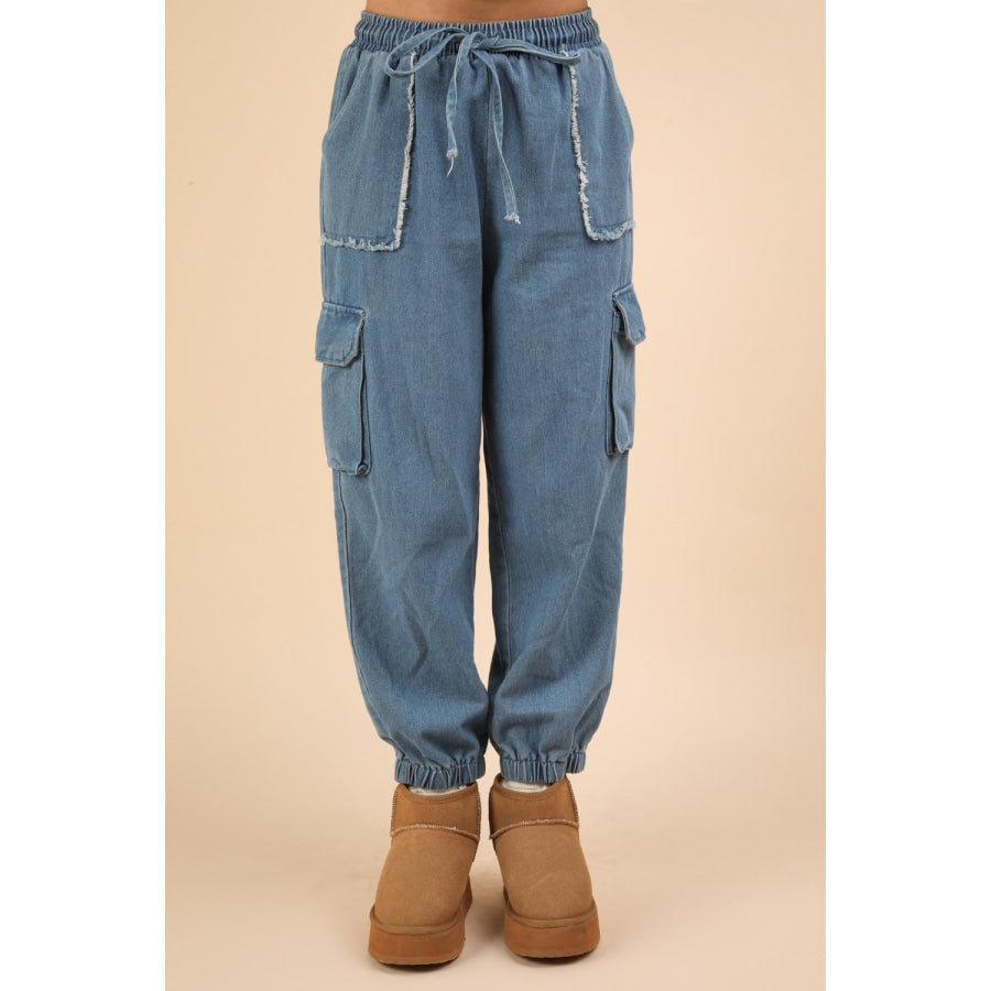 VERY J Washed Drawstring Jogger Cargo Jeans Indigo / S Apparel and Accessories