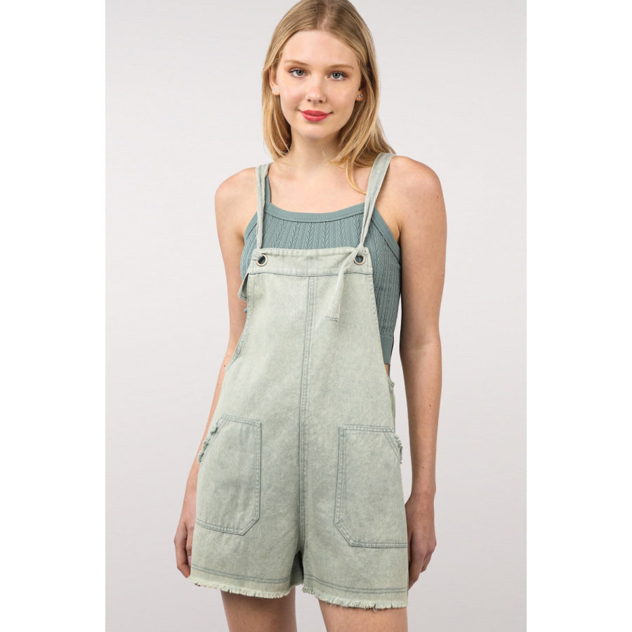 VERY J Washed Frayed Hem Denim Overall Sage / S Apparel and Accessories