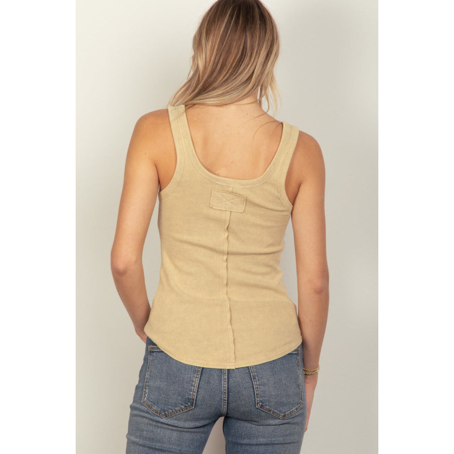 VERY J Washed Ribbed Tank with Placket Detail Apparel and Accessories