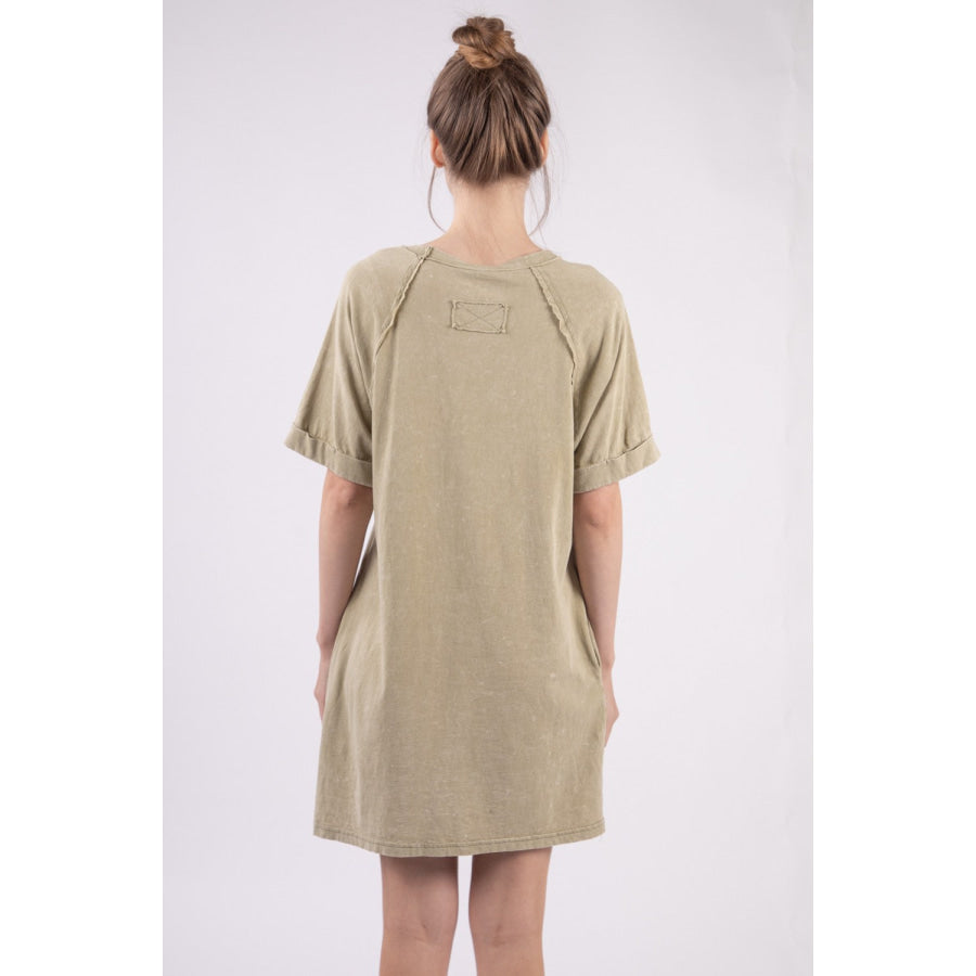 VERY J Washed Round Neck Mini Tee Dress Sage / S Apparel and Accessories
