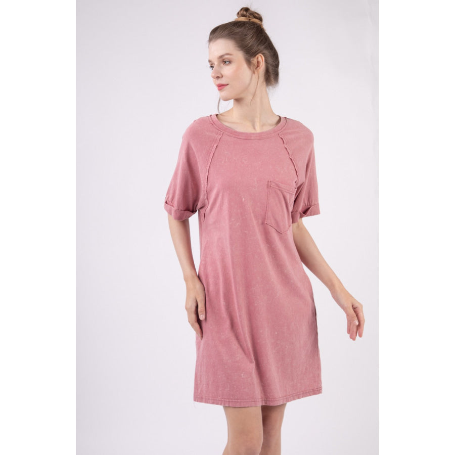 VERY J Washed Round Neck Mini Tee Dress Apparel and Accessories