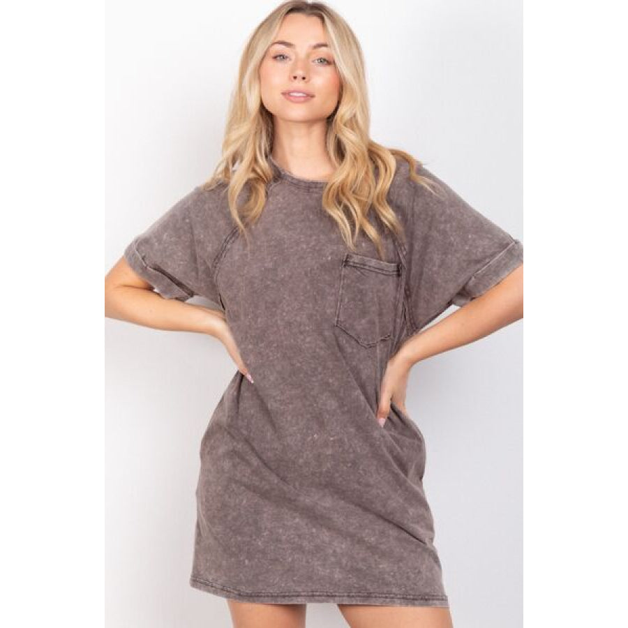 VERY J Washed Round Neck Mini Tee Dress BLACK / S Apparel and Accessories