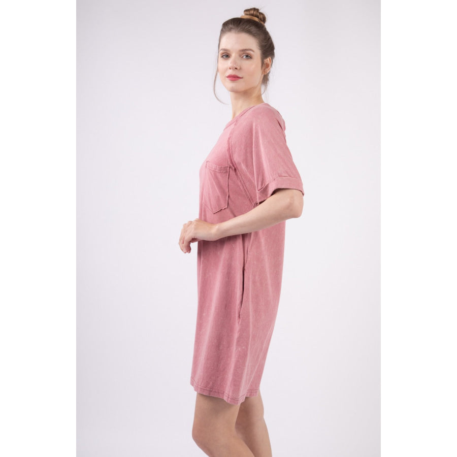 VERY J Washed Round Neck Mini Tee Dress Mauve / S Apparel and Accessories
