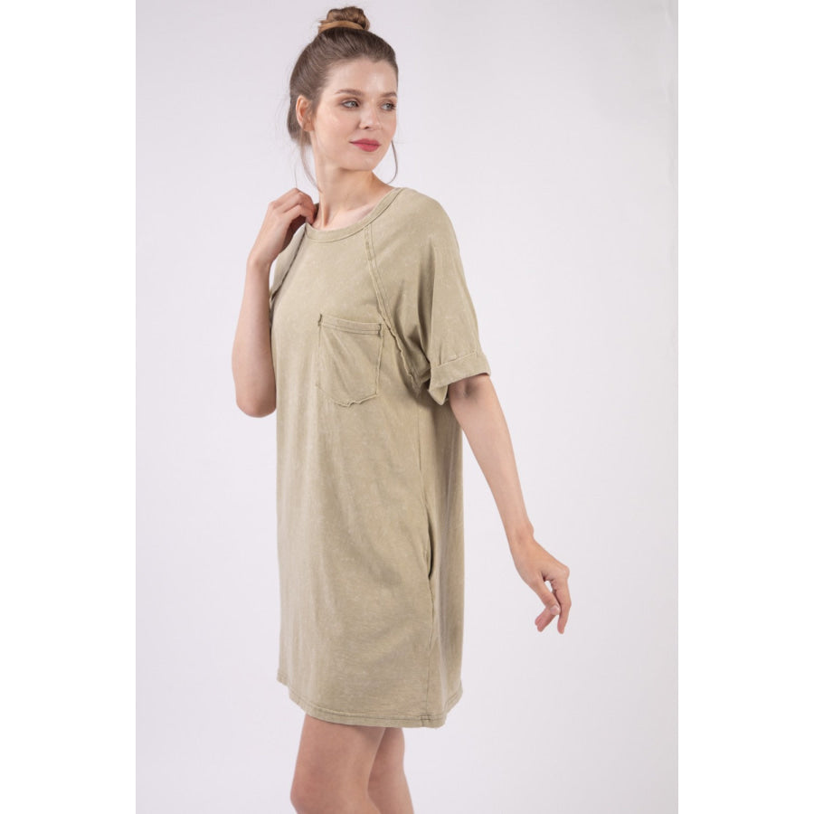 VERY J Washed Round Neck Mini Tee Dress Sage / S Apparel and Accessories