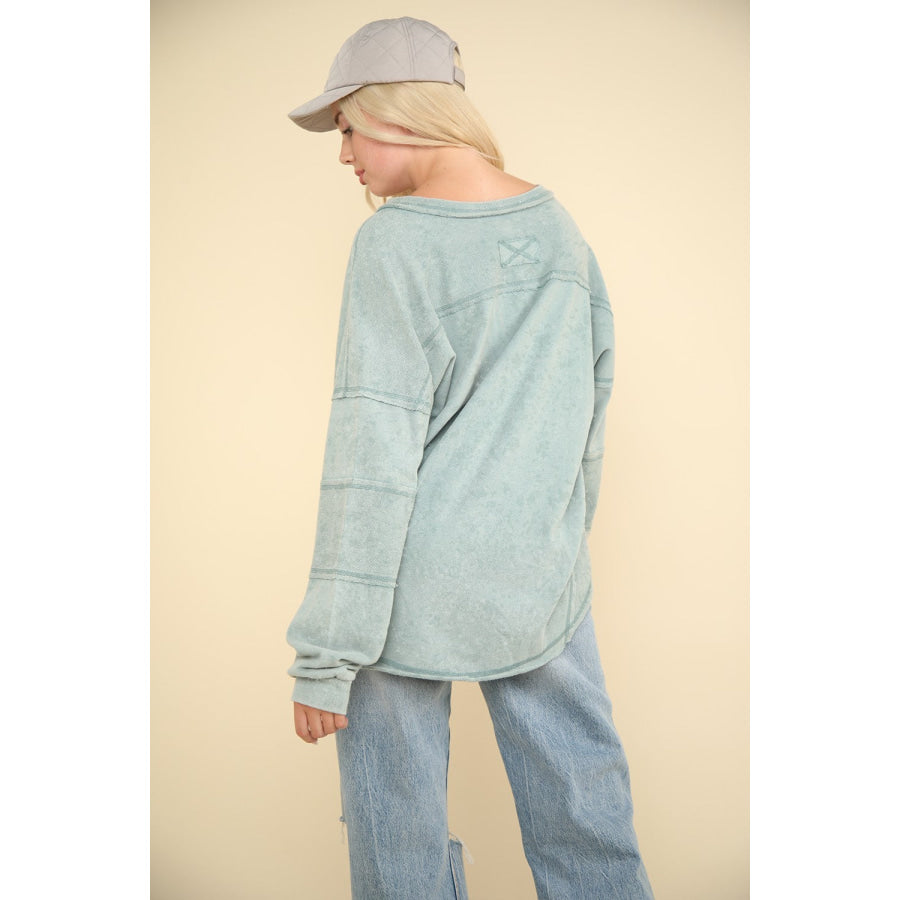 VERY J Washed V-Neck Exposed Seam Knit Top Sage / S Apparel and Accessories