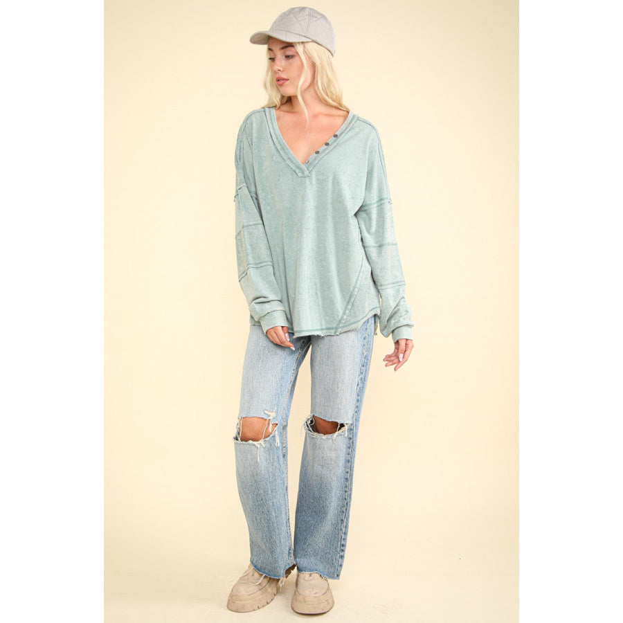 VERY J Washed V-Neck Exposed Seam Knit Top Apparel and Accessories