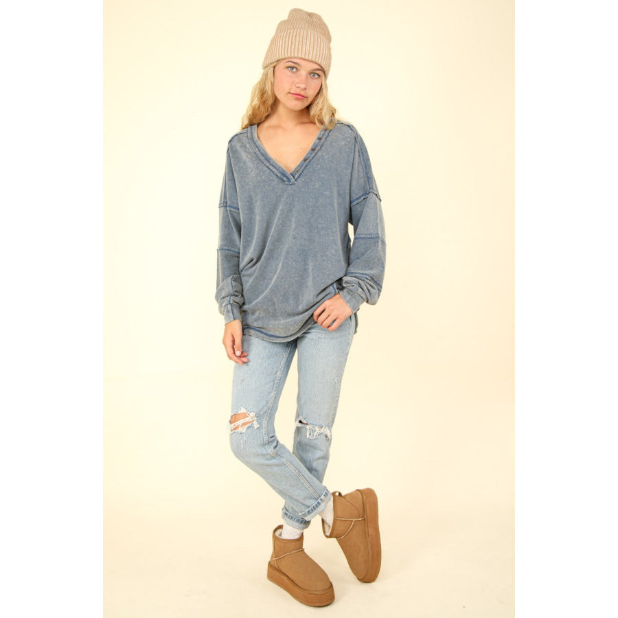 VERY J Washed V-Neck Exposed Seam Knit Top Apparel and Accessories