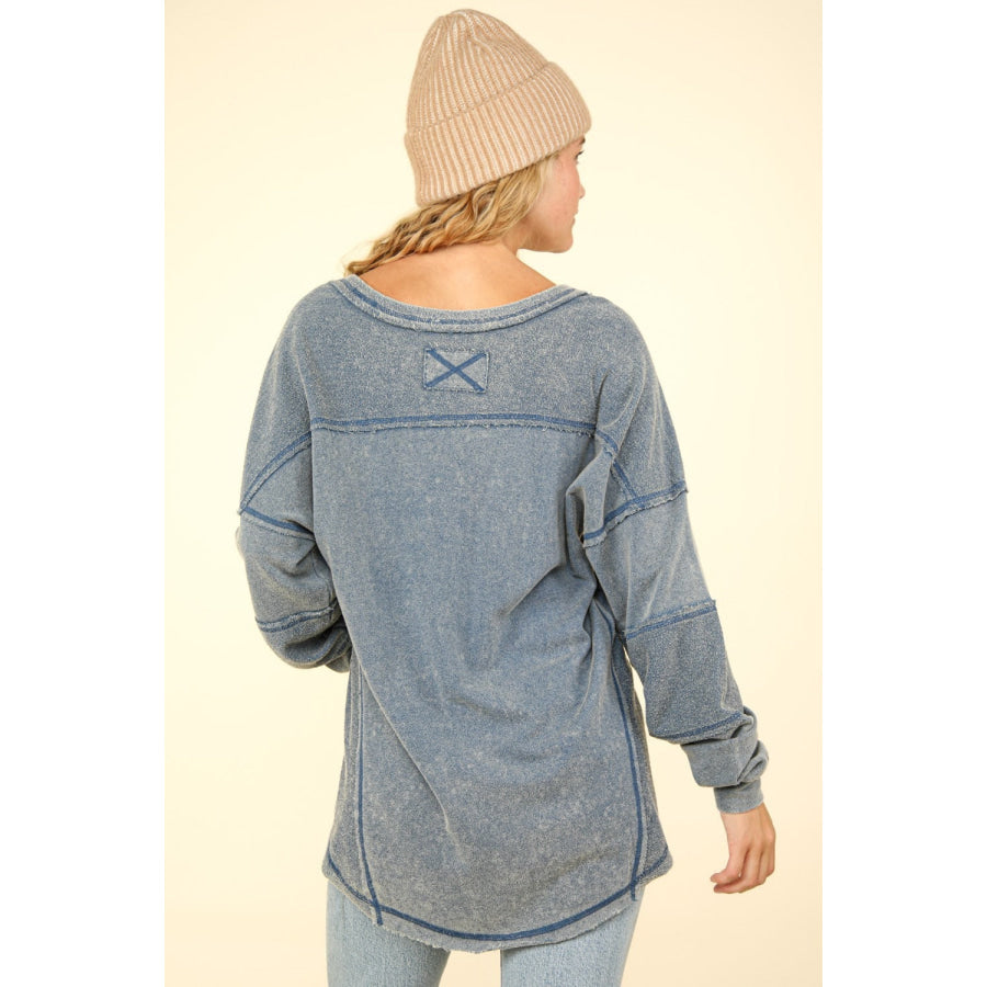 VERY J Washed V-Neck Exposed Seam Knit Top Apparel and Accessories