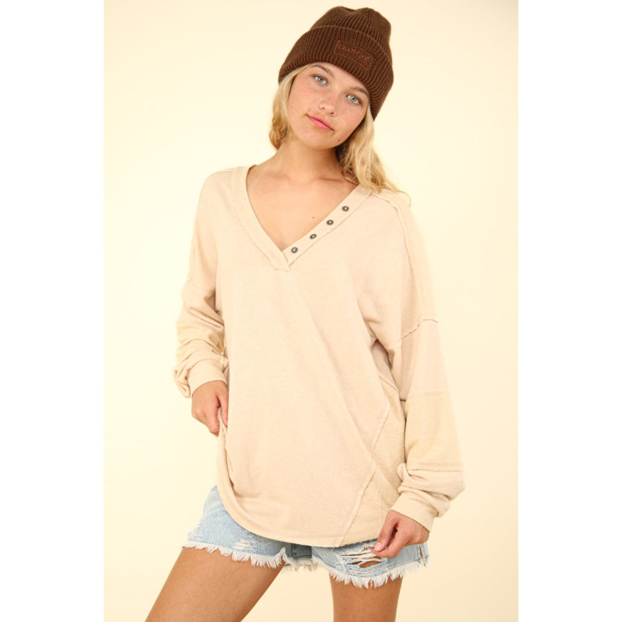 VERY J Washed V-Neck Exposed Seam Knit Top Beige / S Apparel and Accessories