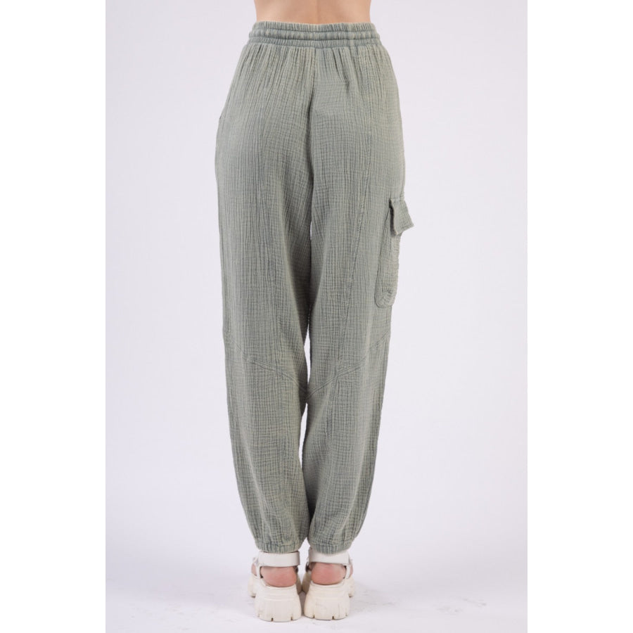 VERY J Washed Woven Crinkle Gauze Drawstring Cargo Pants Apparel and Accessories