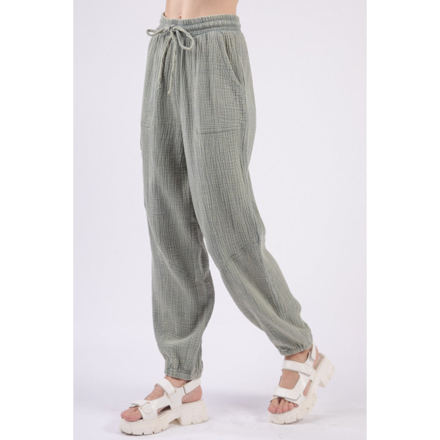 VERY J Washed Woven Crinkle Gauze Drawstring Cargo Pants Apparel and Accessories