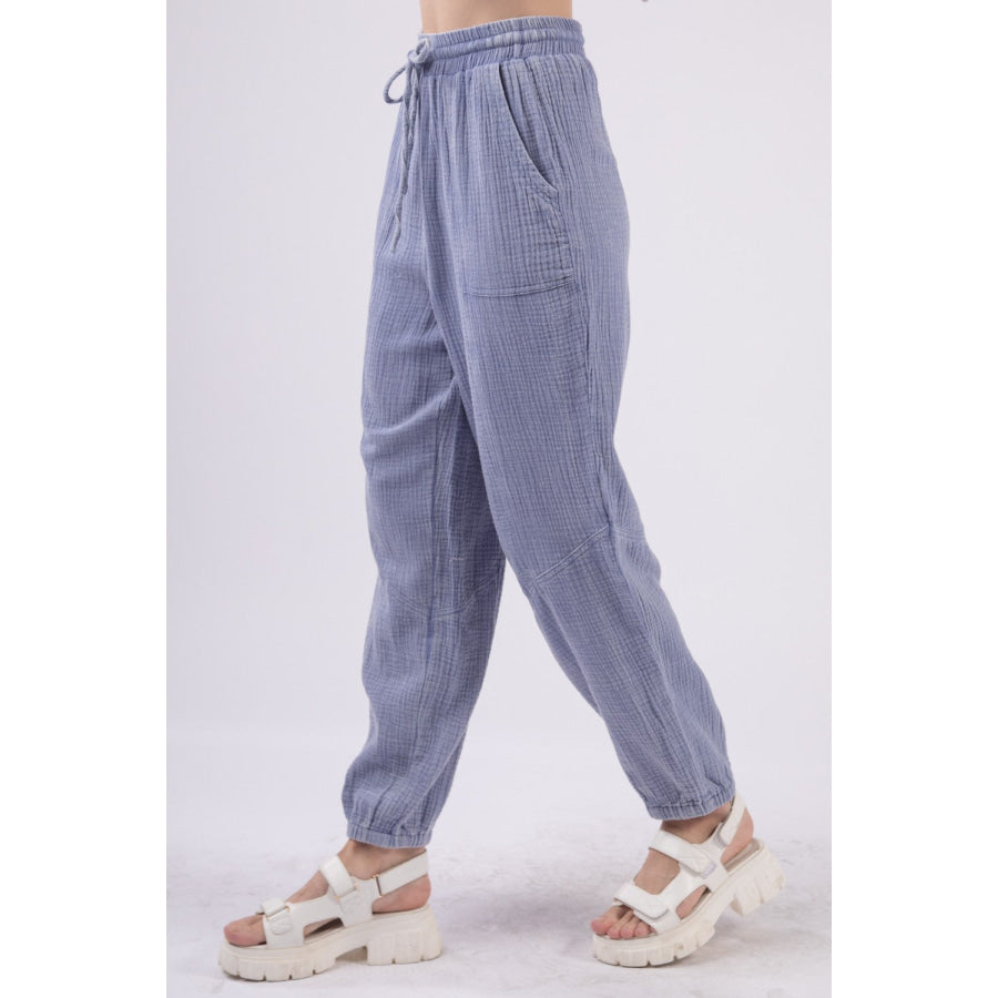 VERY J Washed Woven Crinkle Gauze Drawstring Cargo Pants Apparel and Accessories