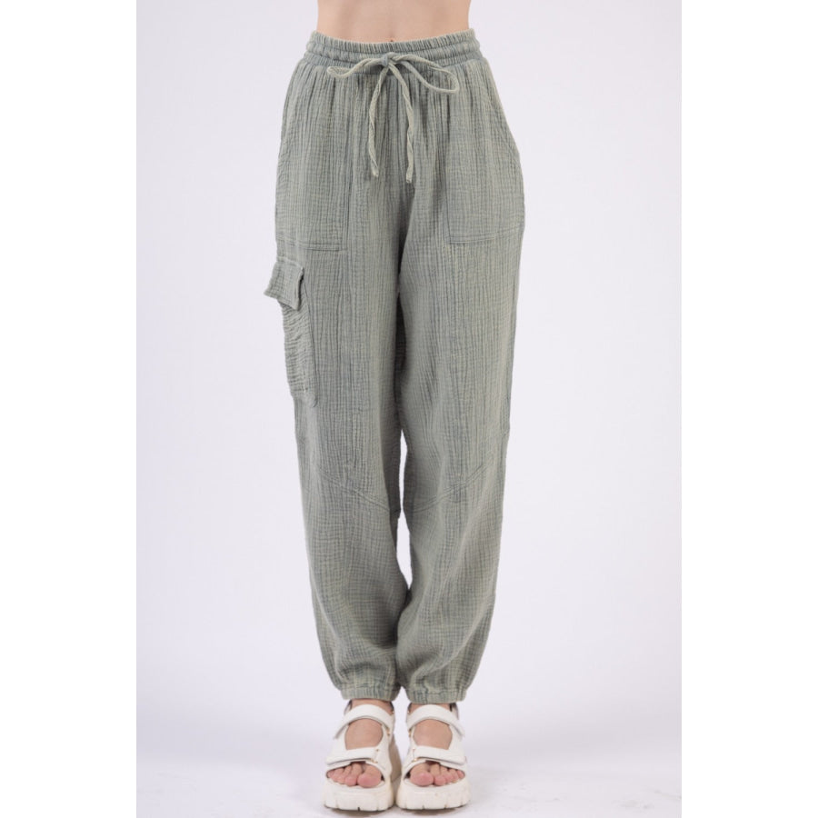 VERY J Washed Woven Crinkle Gauze Drawstring Cargo Pants Sage / S Apparel and Accessories