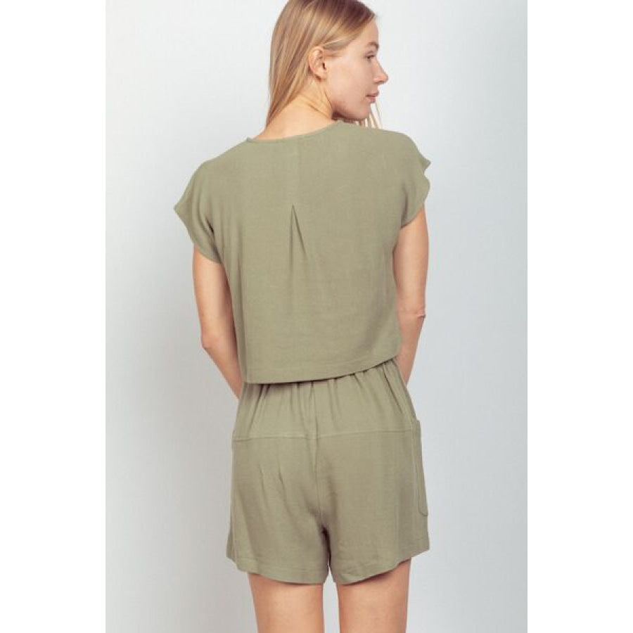 VERY J Woven Cropped Top & Waist Tie Shorts Set SAGE / S Apparel and Accessories