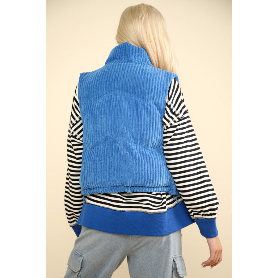 VERY J Zip Up Padded Corduroy Puffer Vest Blue / S Apparel and Accessories