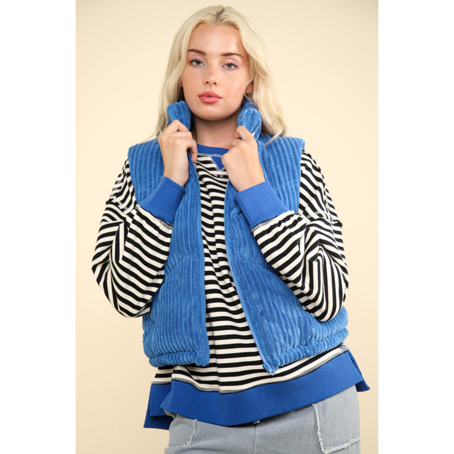 VERY J Zip Up Padded Corduroy Puffer Vest Blue / S Apparel and Accessories